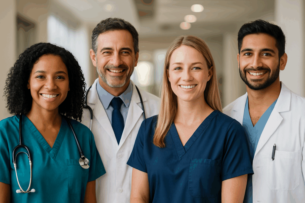 Medical team including nurses and doctors, illustrating wage range in healthcare careers