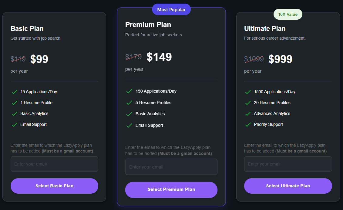 LazyApply Pricing Plans showing Basic, Premium and Ultimate tiers