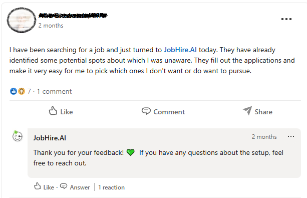 LinkedIn post about JobHire.AI identifying potential roles