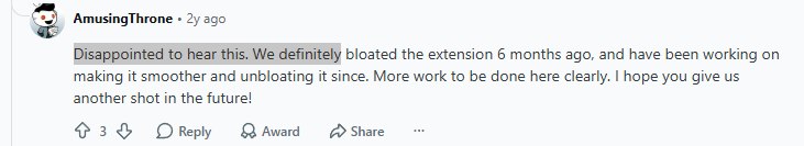 Reddit reply from AmusingThrone of the Simplify team acknowledging the extension was bloated and was being rebuilt
