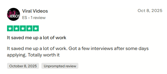 5-star Trustpilot review praising LazyApply for saving hours
