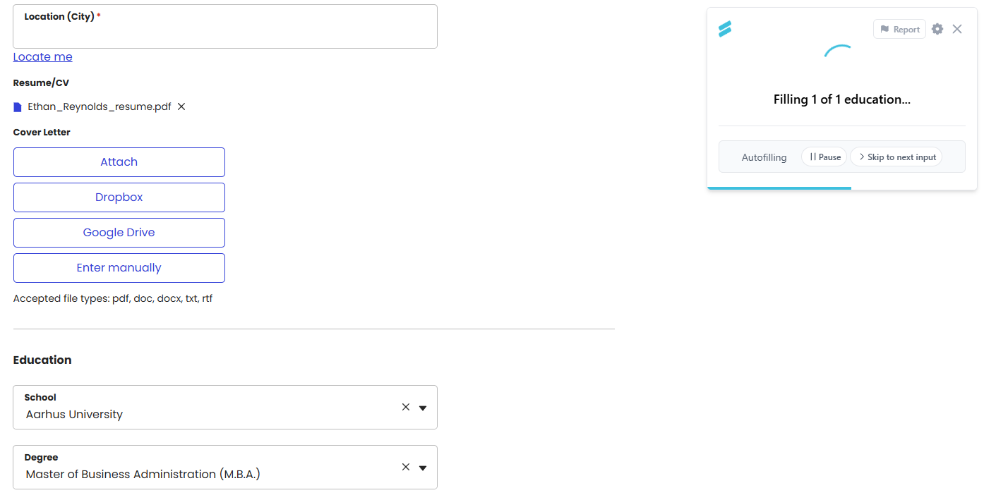 Simplify Copilot mid-execution on a Greenhouse application form, showing live Filling 1 of 1 education progress with the resume Ethan Reynolds resume PDF uploaded and Education fields populated