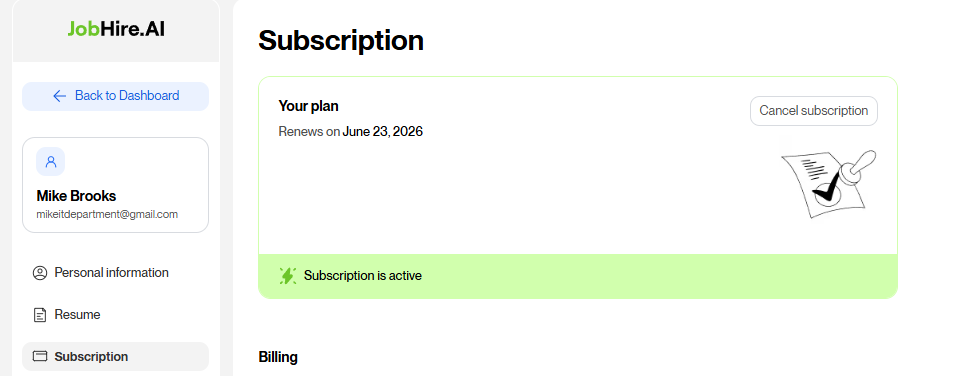 JobHire.AI Subscription cancellation screen showing one-click Cancel subscription button and active subscription status
