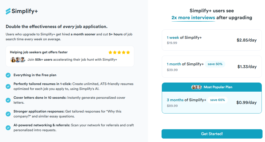 Simplify Plus pricing page showing $19.99 weekly, $39.99 monthly, and $89.99 three-month plans with feature list