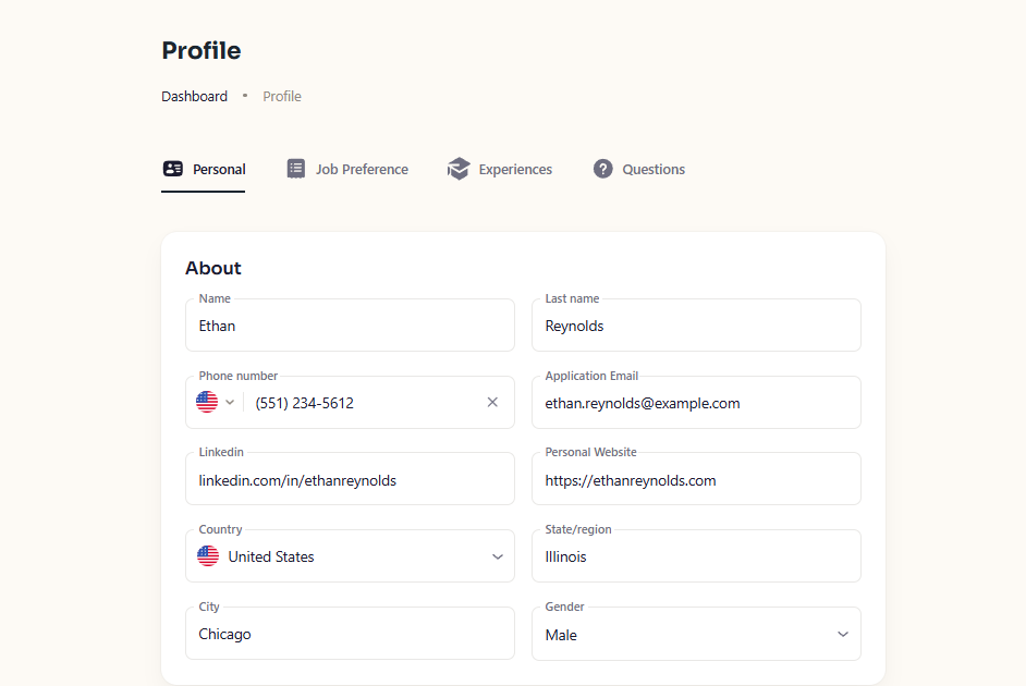 Wobo AI profile setup page showing Personal Job Preference Experiences and Questions tabs