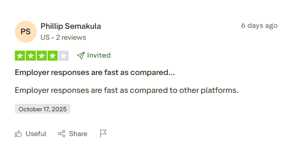 Trustpilot review: Employer responses are fast, 4 stars
