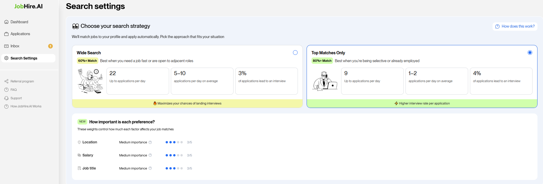 JobHire.AI Search Settings interface showing Wide Search 60%+ versus Top Matches Only 80%+ with conversion statistics