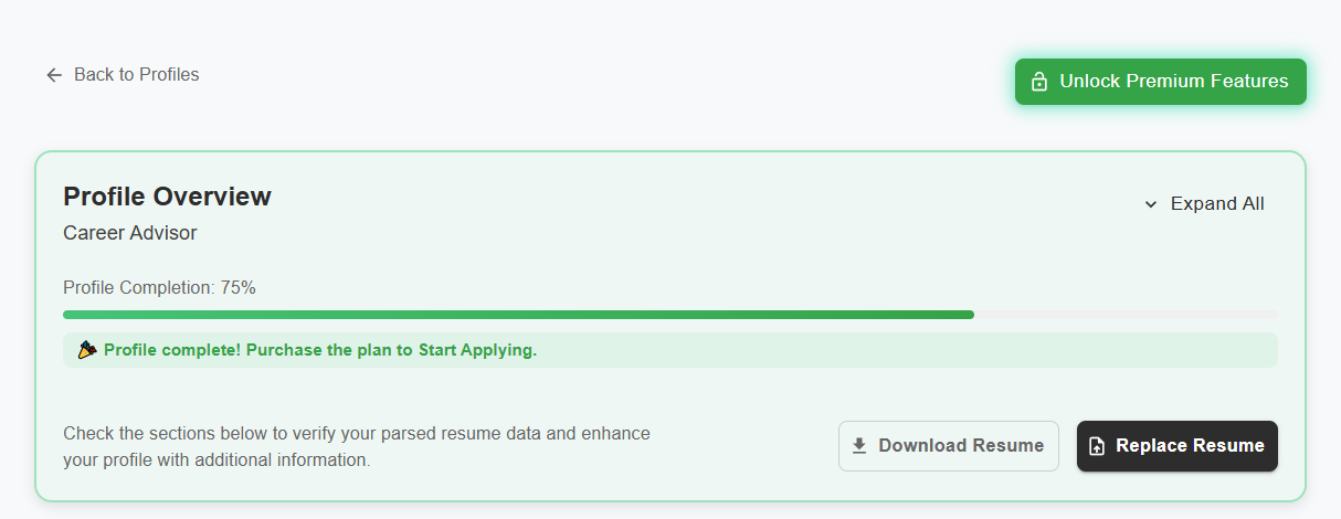 LazyApply profile completion screen showing 75% completion and a prompt to purchase a plan