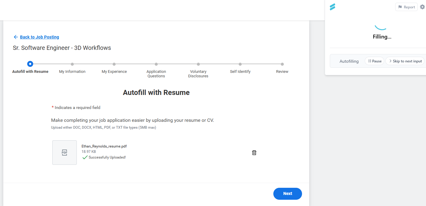 Simplify Copilot running on a Workday application for a Senior Software Engineer role, showing the seven-step Workday progress bar and an active Filling status