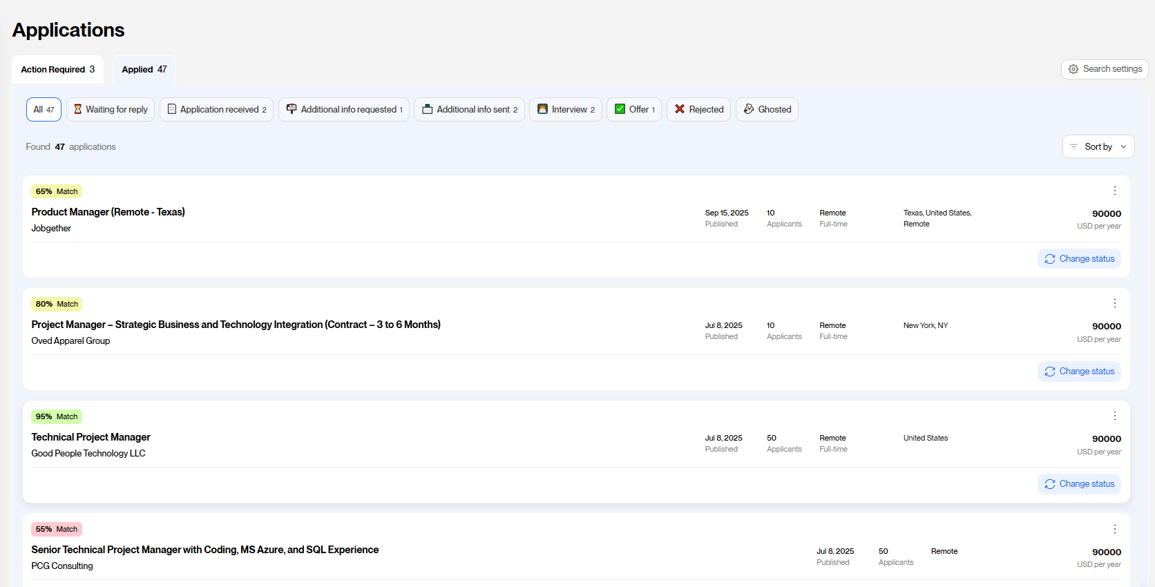 JobHire.AI Applications screen showing list of applied roles with match percentages, company names, salaries and statuses
