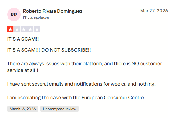 1-star Trustpilot review expressing dissatisfaction with the service