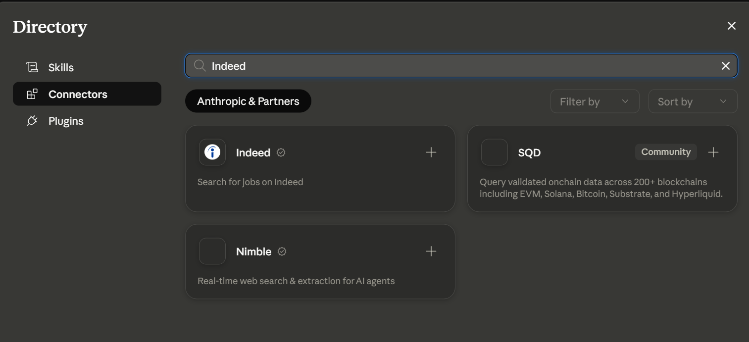 Why Claude Won't Find You a Job 3 Claude connectors directory showing the official Indeed connector labeled 'Search for jobs on Indeed'