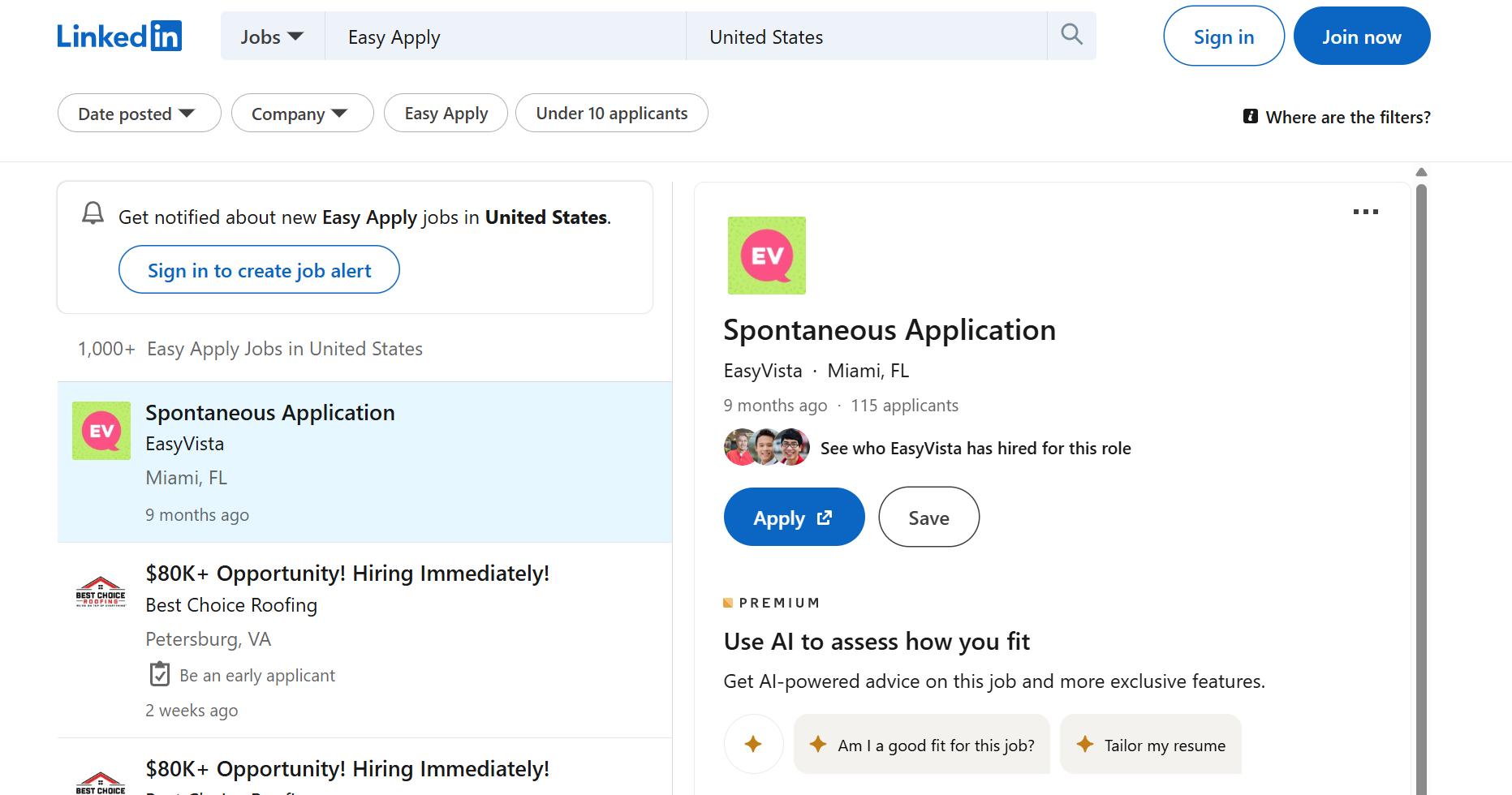 LinkedIn Easy Apply job search results